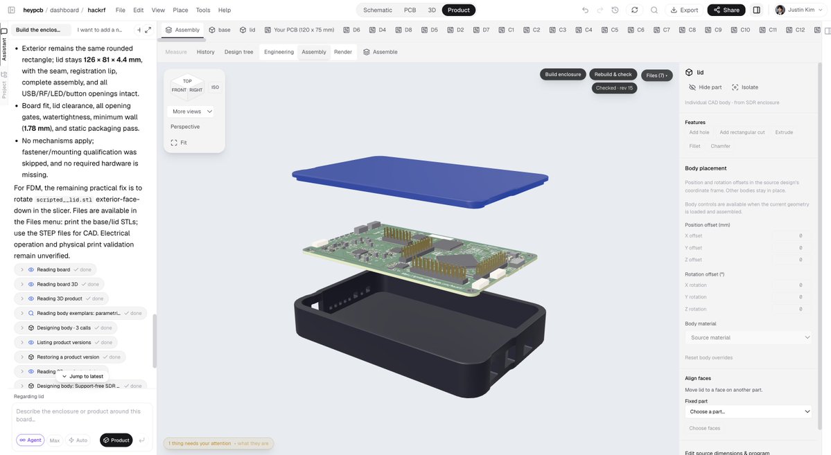 justinplaygame's tweet photo. Vibe-Hardware is not as simple as it looks.

It’s not the flashy demo where AI generates a nice-looking PCB in 20 seconds and calls it done.

The hard part starts after that.

1) The circuit has to actually work
2) The PCB has to be valid
3) The enclosure has to fit and the parts have to exist
4) And then there are about 50 other tiny details that somehow turn into VERY expensive problems

That’s why we’re approaching vibe hardware differently with https://t.co/zMPWmKlc1P.

We’re building an AI-native EDA + MCAD platform, where AI works inside the actual design environment and understands both the electronics + mechanical design as you iterate.

Generating hardware is cool.

Building hardware you’d actually trust enough to manufacture is the real problem.