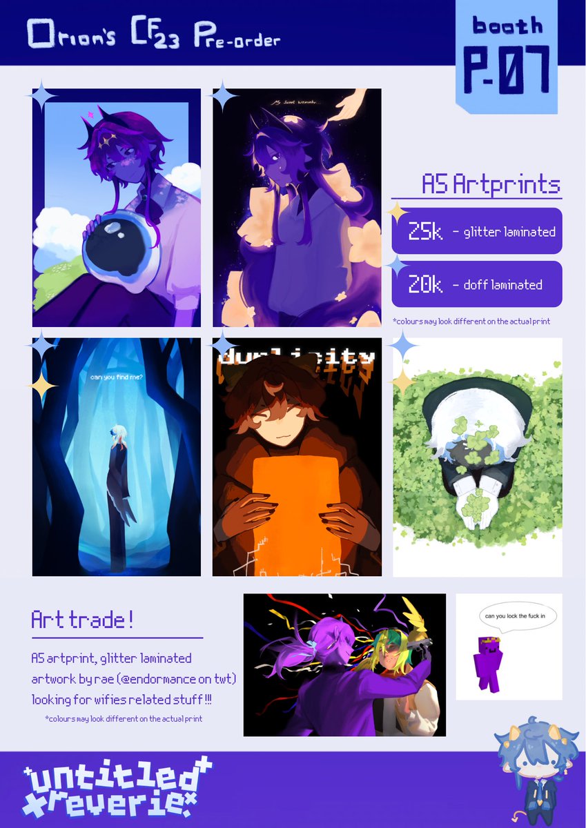 sir0rionn's tweet photo. [ 💙&amp; 🔁 appreciated !! ]
hai everyone, my #CF23 pre-order is finally open!

🗓️ 22 sept - 30 sept
📍 booth P-07 
🔖 untitled reverie
💙 Fandom: MCYT (Unstable Universe / UU, mostly taxduo and debunktrio / kww)

🔗 https://t.co/GUa8EZlHf4 https://t.co/CS8DCNDkYx