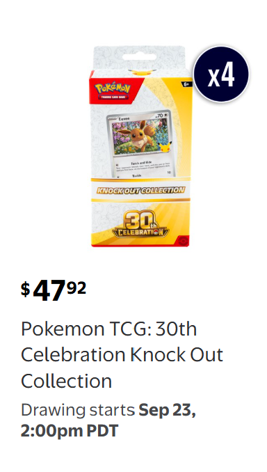 PokemonDealsTCG's tweet photo. New 30th Celebration Drawings Online at Walmart 9/23 at 2PM PT / 5PM ET!⚡️

All Drawings
➡️https://t.co/gHmQewZmNH

Current listings include 30th Celebration Knock Out Boxes and First Partner Series 3

We'll post if more items get added! Follow for updates!

#Pokemon #AD https://t.co/lo4roLN4M7