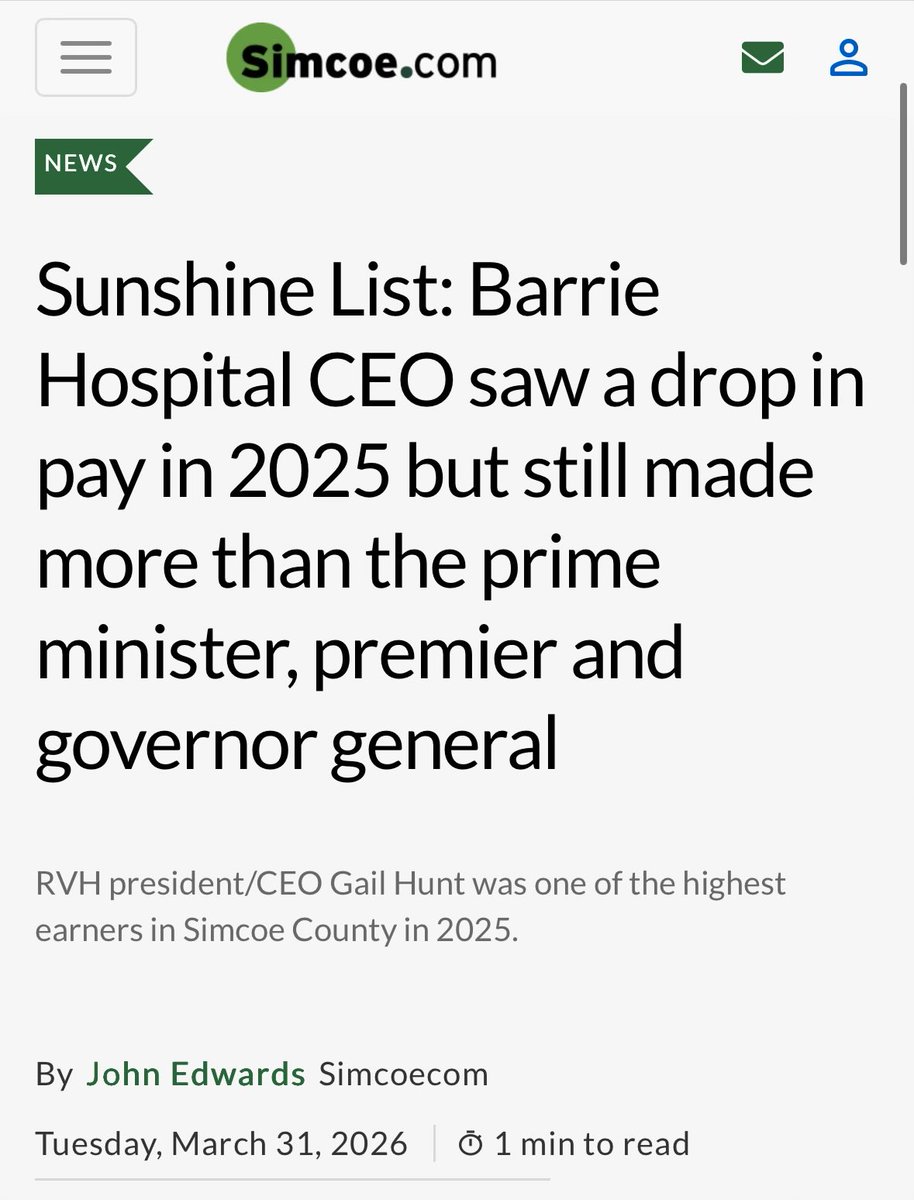 dockaurG's tweet photo. “Barrie Hospital CEO made more than the prime minister, premier and governor general. Gail Hunt: The president & CEO of the largest hospital in the region, RVH in Barrie, earned $604,438 in 2025”

As I’ve said for more than a decade now: majority of our tax dollars pay govt bureaucrats to push paper & ration essential medical care, while patients suffer on endless waitlists.