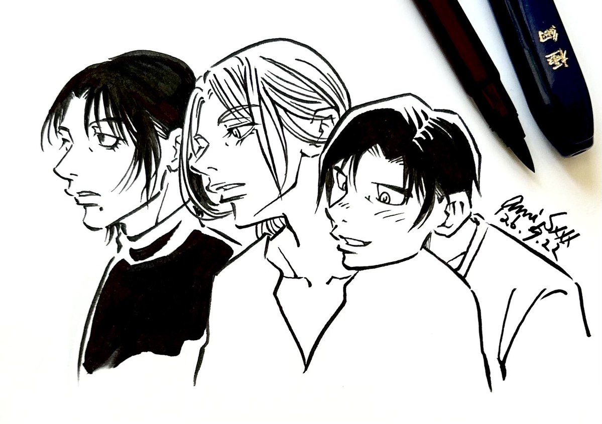 s_ami_staff's tweet photo. 筆ペン試し描き竹馬。

「コーヒー、ブラック。」「俺、ストロベリーシェイク！」「アールグレイと極厚ビーフバーガー、トリプルチーズ、倍チキン、ダブル蟹フィレオ、それとー••」

サービスが一口だけ食べて全部残すので、残飯処理に最初から飲み物だけしか頼まないジャンと高松。　　柴田亜美 https://t.co/ltJPcGPLm5