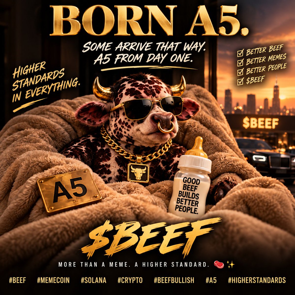 TheWagyuCoin's tweet photo. Some become premium. Some arrive that way. 🐂🥩
Born A5. Raised different.
$BEEF from day one. 🔥
Hashtags: #BEEF #Memecoin #Solana #Crypto #A5 https://t.co/sdRFBPKDWD