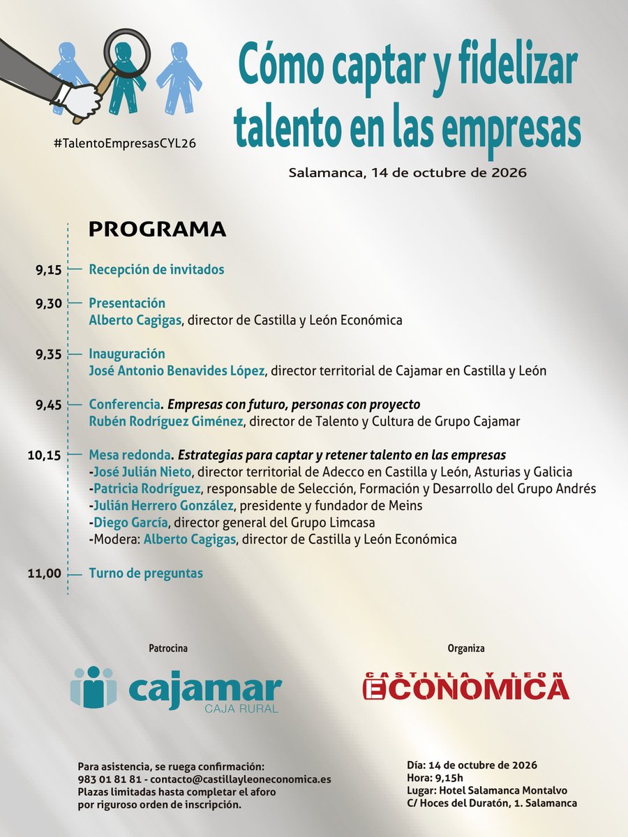 cyleconomica's tweet photo. .@cyleconomica y @Cajamar organizan el 14 de octubre en #Salamanca una jornada sobre cómo #captar y #fidelizar #talento #TalentoEmpresasCYL26 https://t.co/BdtIPvarbz @adecco_es @JoseJ_Nieto @grupoandres #Meins @GrupoLimcasa https://t.co/YoJfPSvhOc