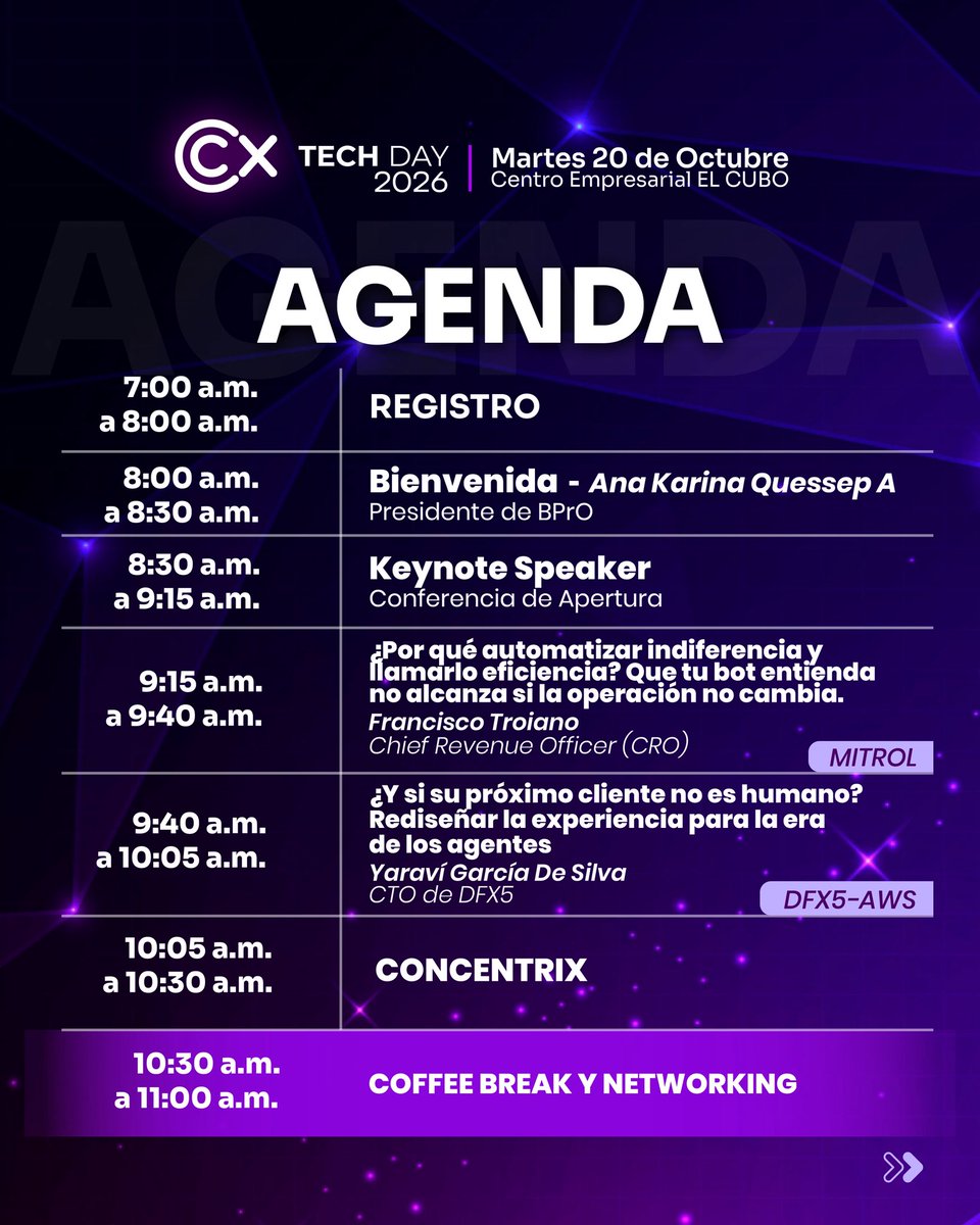 BPrO_org's tweet photo. Conoce la agenda para el #TechDay2026.

Un día para conectar con expertos, descubrir nuevas tecnologías y conocer las ideas que están transformando la experiencia del cliente y la operación de las empresas.

IA, automatización, analítica, ciberseguridad, innovación y mucho más serán parte de esta jornada pensada para aprender, conectar y anticiparnos a lo que viene.

📅 20 de octubre
📍 Centro Empresarial El Cubo
🎟️ Entrada gratuita para asociados BPrO. Cupos limitados.

@anakarinaqa 

Inscríbete aquí: https://t.co/MHgFraA6Kw?