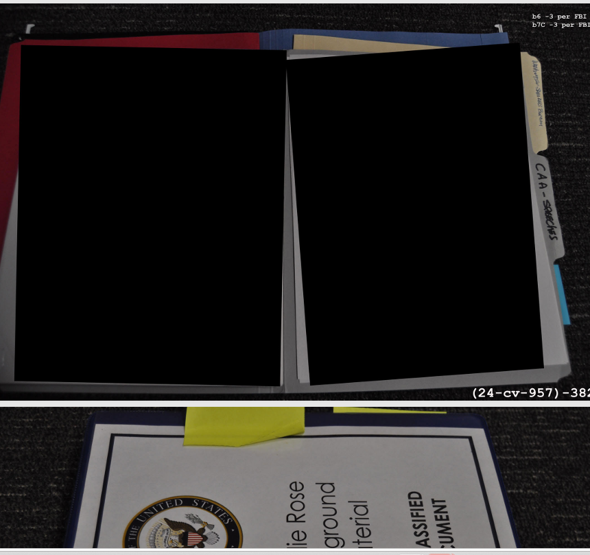 julie_kelly2's tweet photo. Just a slight difference in the FBI's photo-taking of Joe Biden's classified files (left, courtesy of @ItsYourGov) versus Donald Trump's alleged classified files (right, courtesy of Biden's FBI).

Now, some might argue--Biden's search was voluntary.

Trump also allowed the FBI to voluntarily search parts of Mar-a-Lago in June 2022. Jay Bratt and 3 FBI agents slithered around the business end of MAL while Trump remained at his residence, telling them "let us know whatever you need."

That wasn't enough for Bratt. A few days later--pretending more classified docs remained at MAL other than the 2 tranches his lawyers had already produced to Biden DOJ--Bratt pushed for a full blown raid. Some in the FBI, including WFO chief Steven D'Antuono, balked, arguing the president and his lawyers were cooperating.

Bratt (and George Toscas and Paul Abbate) won.

I guess the FBI agents conducting the search of Biden's home in 2023 didn't bring their own colored classified cover sheets 🤷‍♀️