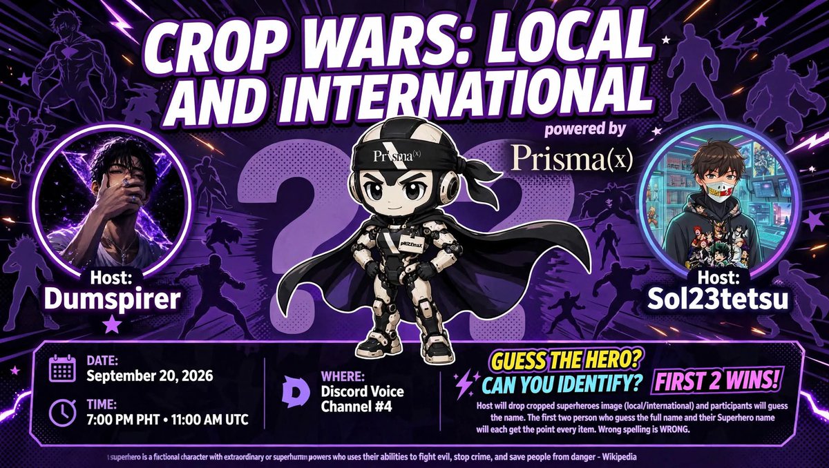 sol_tetsu's tweet photo. On Sept 22, I hosted Crop Wars: Local & International on @PrismaXai!
π₯20 items of joy, fun & great memories guessing local & int'l heroes
Top 3: @0xkingstonrayL, JIN, @DumSpiree & wagpo π
Thanks to everyone & co-host DUMS! See you next event!
#PrismaX #CropWars #EventResult https://t.co/SBRmSaNboz
