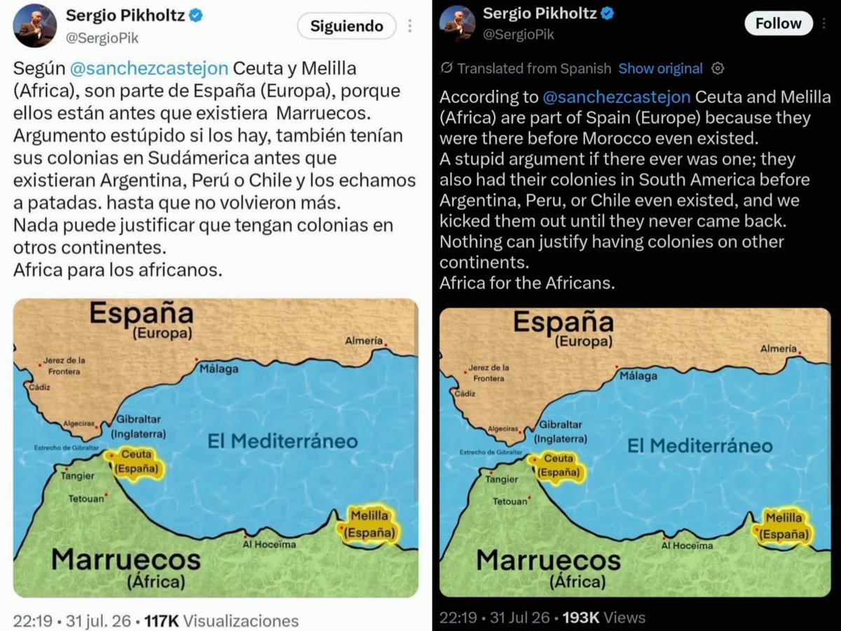 TheEliteFrame's tweet photo. @JeremyRockliff_ 🔻 You keep the Same ideology of Your ancient Colonilials and imperialists 
CEUTA is in Africa and will be Free From Spaniards like : Colombia 🇨🇴,  Argentina 🇦🇷, Peru 🇵🇪, Mexico 🇲🇽, Chile 🇨🇱, Ecuador 🇪🇨, and Cuba 🇨🇺 ... 

AFRICA For Africans https://t.co/TK4b06YPK3