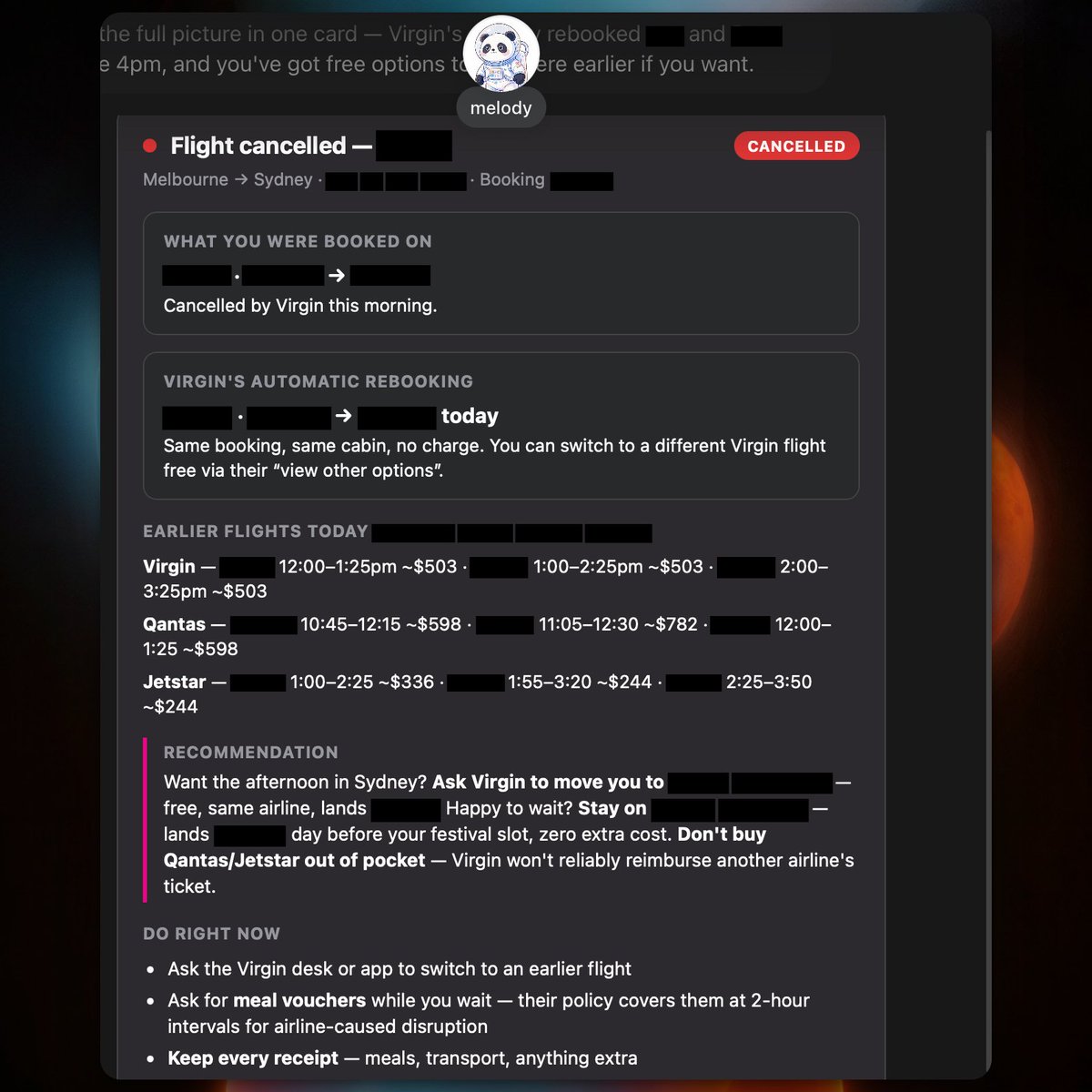Muse triaged his cancelled Sydney flight at 5am