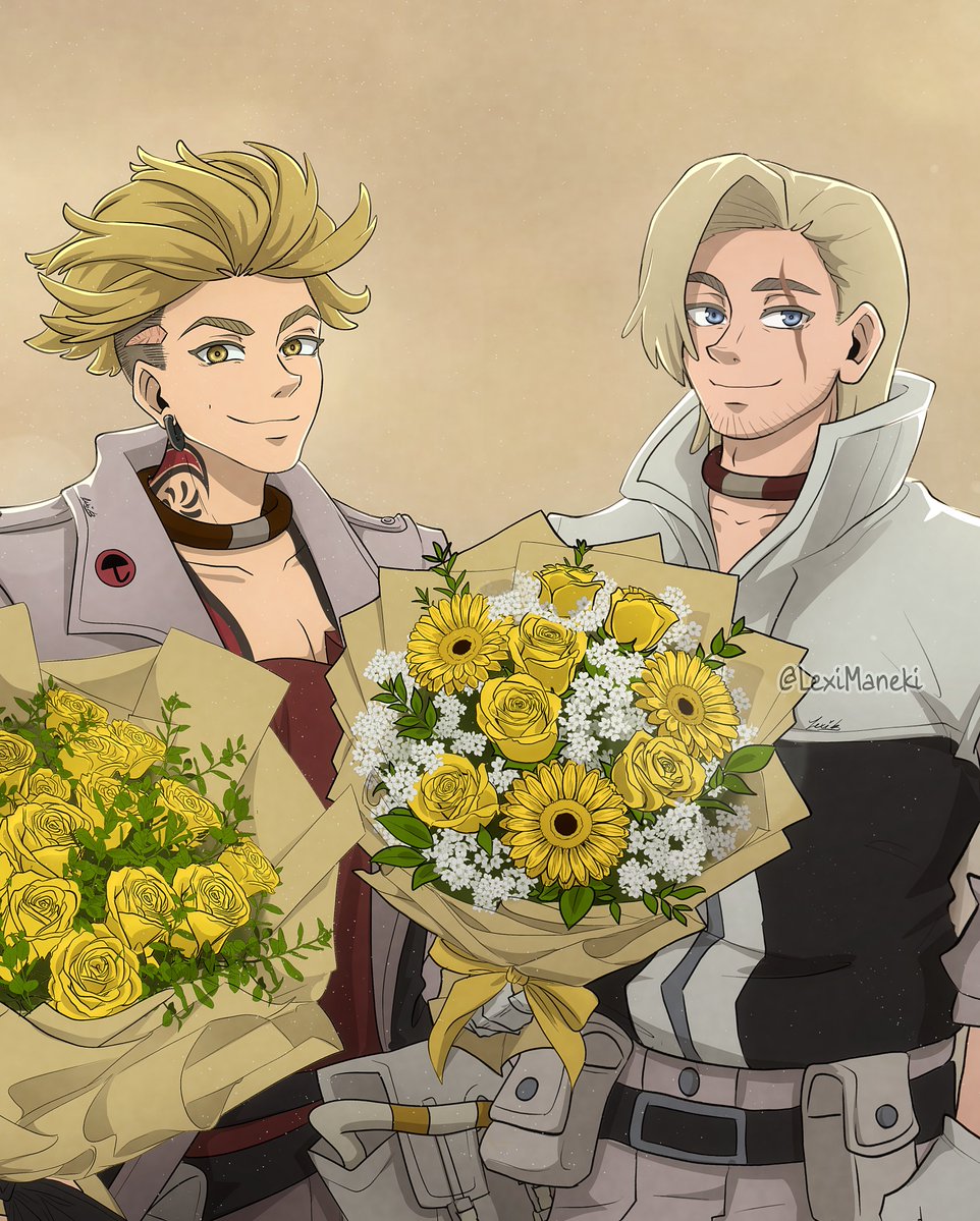 LexiManeki's tweet photo. Al fin llegó la primavera al hemisferio sur así que algunos celebran regalando flores amarillas. 

Quise dibujar a Enjin y Gris regalando un ramo de flores amarillas (solo imaginen que son flores falsas jajaja).

#gachiakuta #gachiart #enjin #grisrubion https://t.co/cchovgdNOB