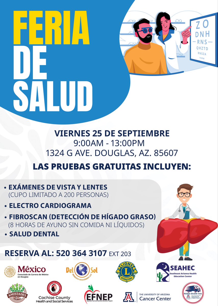 ConsulMexDou's tweet photo. 🩺 ¡Cuida tu salud! Este viernes 25 de septiembre, de 9:00 a.m. a 1:00 p.m., te invitamos a la Feria de Salud en el Consulado de México en Douglas. Habrá exámenes de vista, electrocardiograma, FibroScan y salud dental. ¡Servicios gratuitos! https://t.co/WarMfqXIpF