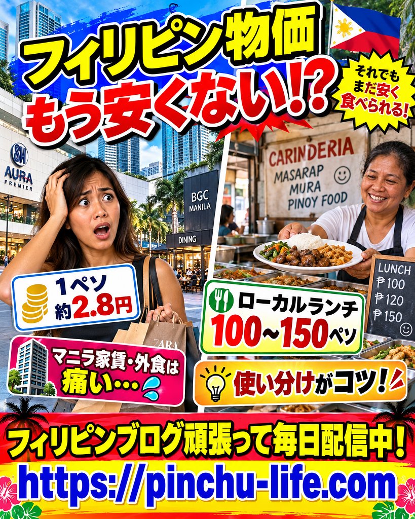 PinchuJapan's tweet photo. 円安でフィリピンの「物価が安い」感覚がじわじわ薄れてきてるの、正直なところです。1ペソが2.8円近い今、マニラの家賃やレストランはけっこう痛い。それでもローカル食堂のランチ100〜150ペソは健在。賢く使い分けるのがコツですよ。
毎日配信！ https://t.co/rRbiuGyVDD
