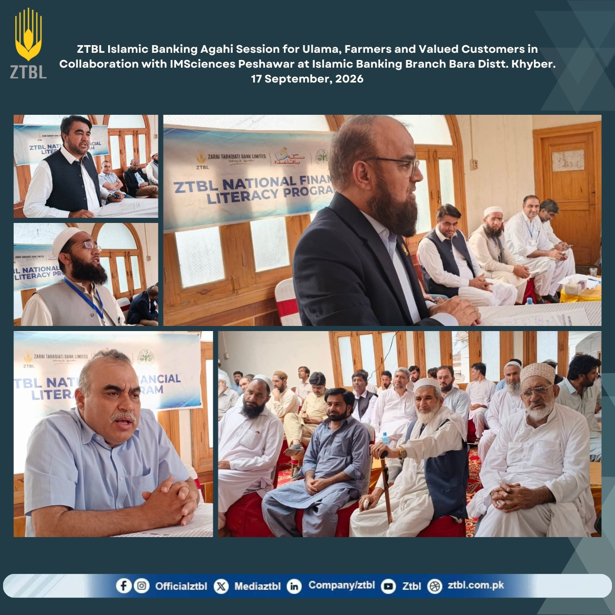 MediaZtbl's tweet photo. ZTBL Islamic Banking Agahi Session for Ulama, Farmers and Valued Customers in Collaboration with IMSciences Peshawar at Islamic Banking Branch Bara Distt. Khyber۔ #ZTBLIslamicBanking #IMSciencesPeshawar
#IslamicBanking #KhyberDistrict #AgahiSession https://t.co/ttuAHnYqDc