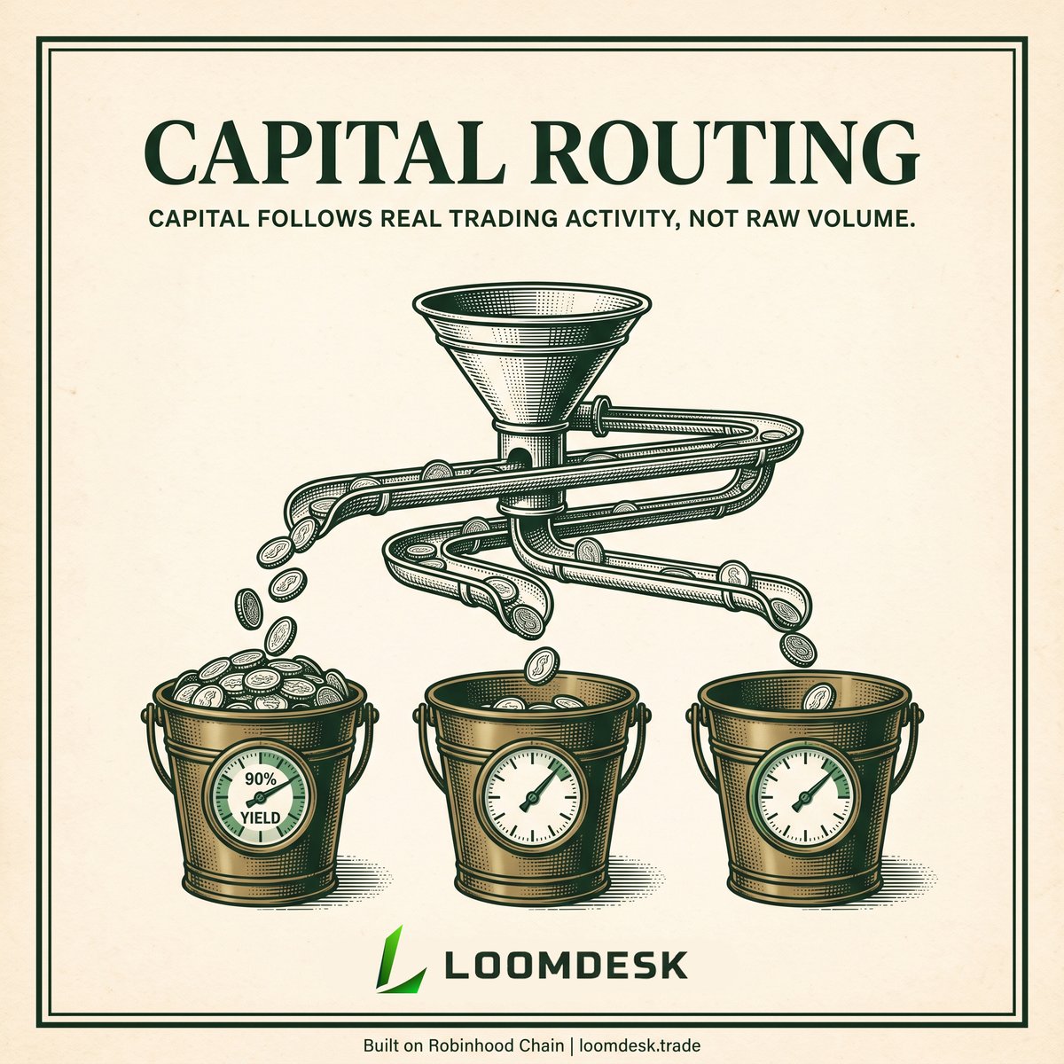 loomdesktrade's tweet photo. Protocol capital should follow real trading activity, not just raw volume. 

LoomDesk routes new principal to pools based on net yield, which marks gross yield against the share of fees the pool actually kept after arbitrage.

New money fills the highest-yielding pools to their targets first, and a stock that suddenly prints fees pulls money to itself on the next run.