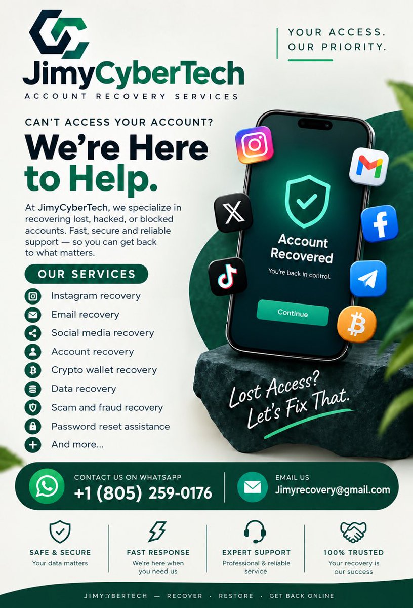 JimyCyberTech's tweet photo. Lost access? Lost funds? Not for long. We specialize in premium, confidential recovery for digital accounts &amp; crypto assets. Regain control today. Reach out.
#HackedAccount #InstagramHacked #LockedOut #FundsLost 
  #CryptoRecovery #BitcoinRecovery #LostCrypto 
  #FacebookHacked https://t.co/VNwupeVxiP