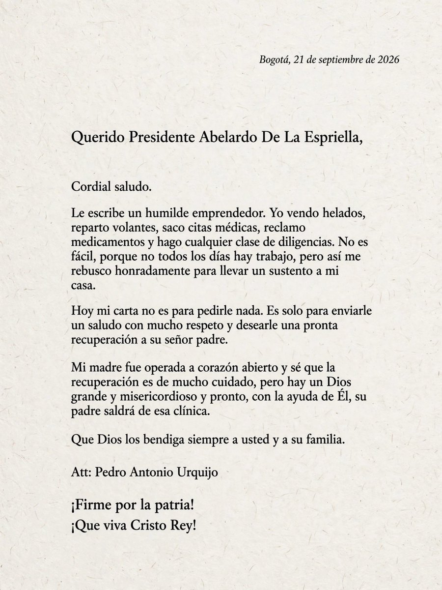 UrquijoPedro's tweet photo. Presidente @ABDELAESPRIELLA ojalá lea mi carta un saludo a su señor padre y pronta recuperación.
Mil bendiciones https://t.co/YGADGhvXW9