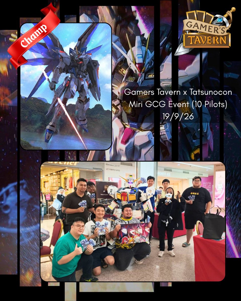 GamersTavernBN's tweet photo. 🇧🇳Gamer's Tavern x Tatsunocon Miri GCG Event (19/09/26) Results!!🎊✨
🥇 Samuel Wong🔵⚪Strike Freedom
🥈 LeeKS 🔵🔴Strike Freedom
🥉 DK 🟢🟣Zeon
Deck Distribution:- (10 Pilots).
#Gamerstavern #Miri #Brunei #Gundamtcg #BandaiTCG #ageeventsibu #Tatsunocon #Latepost https://t.co/ZfXDtdbQGa