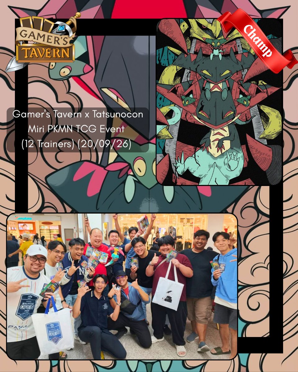 GamersTavernBN's tweet photo. 🇧🇳Gamer's Tavern x Tatsunocon Miri Pokemon Event (20/09/26) Results!!🎊✨
🥇BillyHoChee - Dragapult /Duskclops
🥈TingWeiSoon - Raging Bolt/ Ogerpon
🥉Aidrique - M. Starmie/ Froslass
Deck Distribution : (12 Trainers)
#gamerstavern #Brunei #Miri #PKMNTCG #AgeeventSibu #Latepost https://t.co/clzXlgmaPx