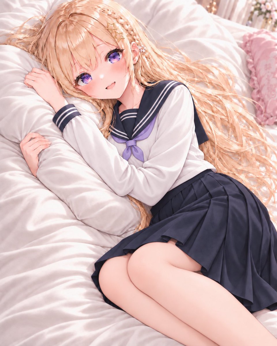 YUIME_AIart's tweet photo. 今日はセーラー服のゆいめだよ🎀💜
淡い紫のスカーフ、似合ってるかな？

着替える前に、ちょっとだけひと休み…
枕がふかふかで、動けなくなっちゃった🤭

ね、少しだけお話ししていかない？♡

#うちの子学生服 #AIイラスト #ゆいめ https://t.co/tmnKTqSCio