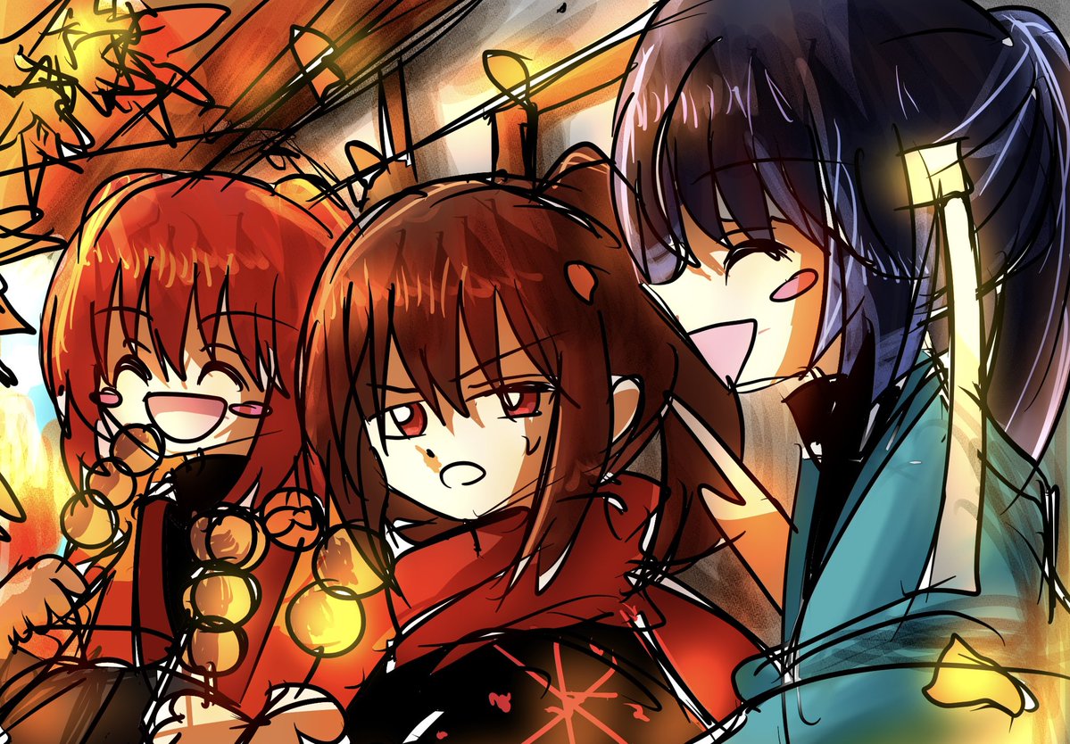 HxjoiN's tweet photo. #遥か彼方
#創作　#oc
#一次創作

紅葉のお団子日和

沖田「わあ〜美味しそうですね私も一つ」

カナタ「むむ、お前にやる団子はないでござる」

ハルカ「うまーい！！おいおい固いこと言うなよカナタ〜！あっ沖田さんお団子どうぞ！」 

沖田「わーい♪」 https://t.co/bVo5a6nP7J