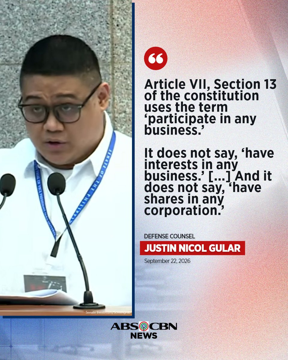 ABSCBNNews's tweet photo. May paglilinaw si defense counsel Justin Nicol Gular kaugnay ng paggamit ng katagang "participate in any business" sa Konstitusyon. #VPOnTrial https://t.co/el1zTyeL2w