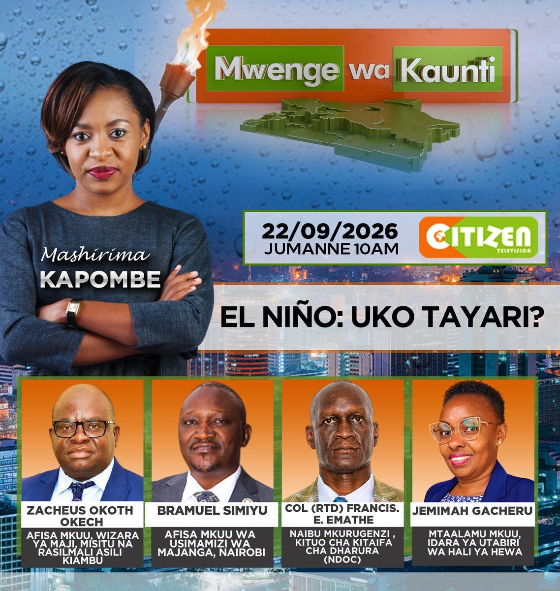 047County's tweet photo. Serikali ya Kaunti ya Nairobi (NCCG) inachukua hatua za mbele kuongoza mikakati ya uratibu na kujiandaa dhidi ya athari za mvua za El Niño.

Jiunge na Mashirima Kapombe leo Jumanne kuanzia saa nne asubuhi (10:00 AM) kwenye #MwengeWaKaunti ndani ya Citizen TV. 

Tutaangazia hatua ambazo Nairobi na kaunti jirani zinachukua ili kulinda maisha na mali.

Karibuni!
#KaziBilaKelele!