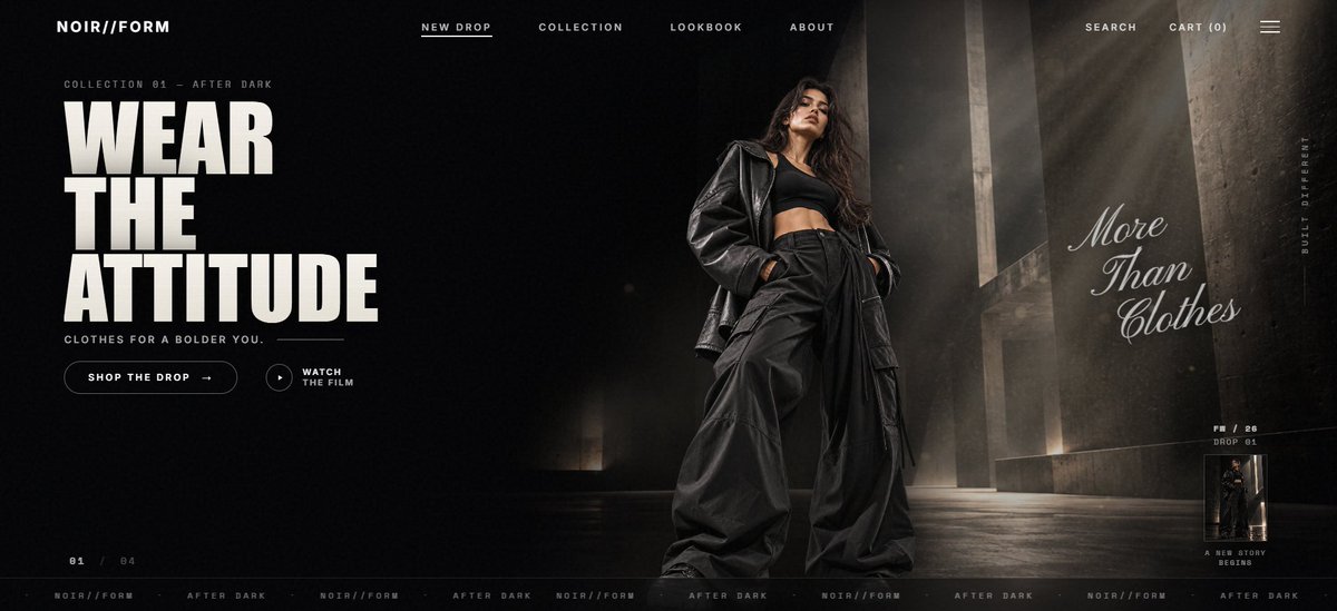TanwirHabib's tweet photo. WEAR THE ATTITUDE. ๐ค
A fashion landing page experiment built with HTML, CSS, Vanilla JS & GSAP.
Cinematic motion.
Mouse parallax.
Editorial typography.
Micro-interactions.
Brutalist art direction.
https://t.co/H7Gq863sD3
#GSAP #WebDesign #CreativeCoding #Frontend https://t.co/Hbohf7s6TN