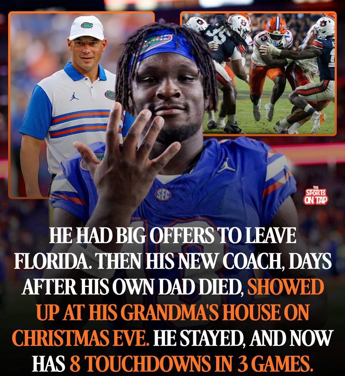thesportsontap's tweet photo. Last December, Jadan Baugh's dad could not put his phone down.

"It rang from eight in the morning to nine at night. Every day."

Florida had just fired its head coach. Baugh was coming off a 1,170 yard season and second team All-SEC. Every program that needed a running back wanted him in the transfer portal.

The offers, his dad said, were "substantial." The top of the running back market that cycle hit seven figures.

Texas was the biggest threat.

Florida's new head coach, Jon Sumrall, had just been hired. And days before Christmas, his own father died.

On Christmas Eve, Sumrall showed up at Baugh's grandmother's house anyway.

He brought his family. He brought his offensive coordinator, Buster Faulkner, the man who had recruited Baugh out of high school.

Baugh's dad put out Chick-fil-A chicken minis, donuts and fruit.

Faulkner walked through the offense. Then Baugh's dad made his own pitch.

"You can go to Texas and have a great year, but it'd be just a great year. If you stay at Florida and have another great year, you'll go down as one of the best running backs to ever come through the place."

But what got Baugh was simpler than that.

"I knew it was going to be home when Coach Sumrall came to my grandmother's house on Christmas."

"For him, coming around at that time, even though his dad had just passed. That was the main thing. He showed he cared."

He stayed.

Now look.

Through three games: 54 carries. 458 yards. 8 touchdowns.

He leads the country with 30 missed tackles forced.

Saturday at Auburn, he ran for 162 yards and three touchdowns, including a 53 yard run on fourth and 1 in the fourth quarter. Florida won 44-39. Sumrall's first SEC win. Florida's first 3-0 start since 2019.

This is the kid from Decatur, Georgia who scored five touchdowns in his first college start, a school record. Who ran for 266 yards against Florida State last year, second most in school history behind only Emmitt Smith.

Saturday, No. 4 Ole Miss comes to the Swamp.

The running back who almost left will be in the backfield.

All because his coach showed up at Grandma's on Christmas Eve.
