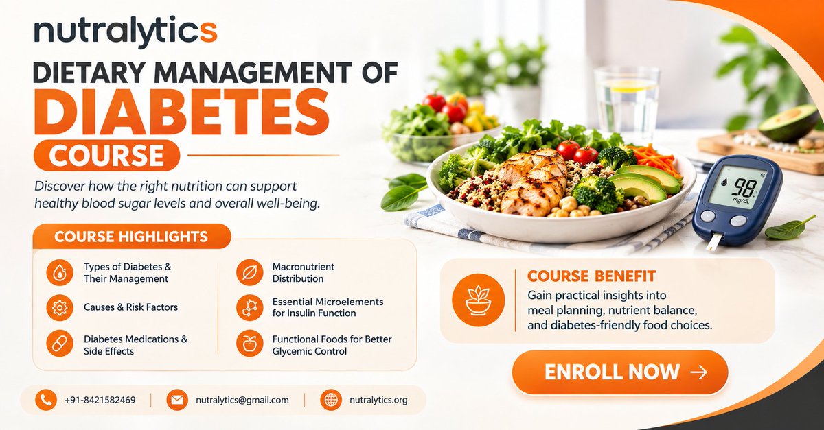 nutralytics's tweet photo. Want to strengthen your skills in diabetes-focused nutrition? 🥗
Join the Dietary Management of Diabetes Course by Nutralytics 
✔ Diabetes &amp; dietary management
✔ Meal planning &amp; macronutrients
✔ Essential micronutrients
🎓 Build practical nutrition skills. Enroll now! https://t.co/9k2cf23RSR