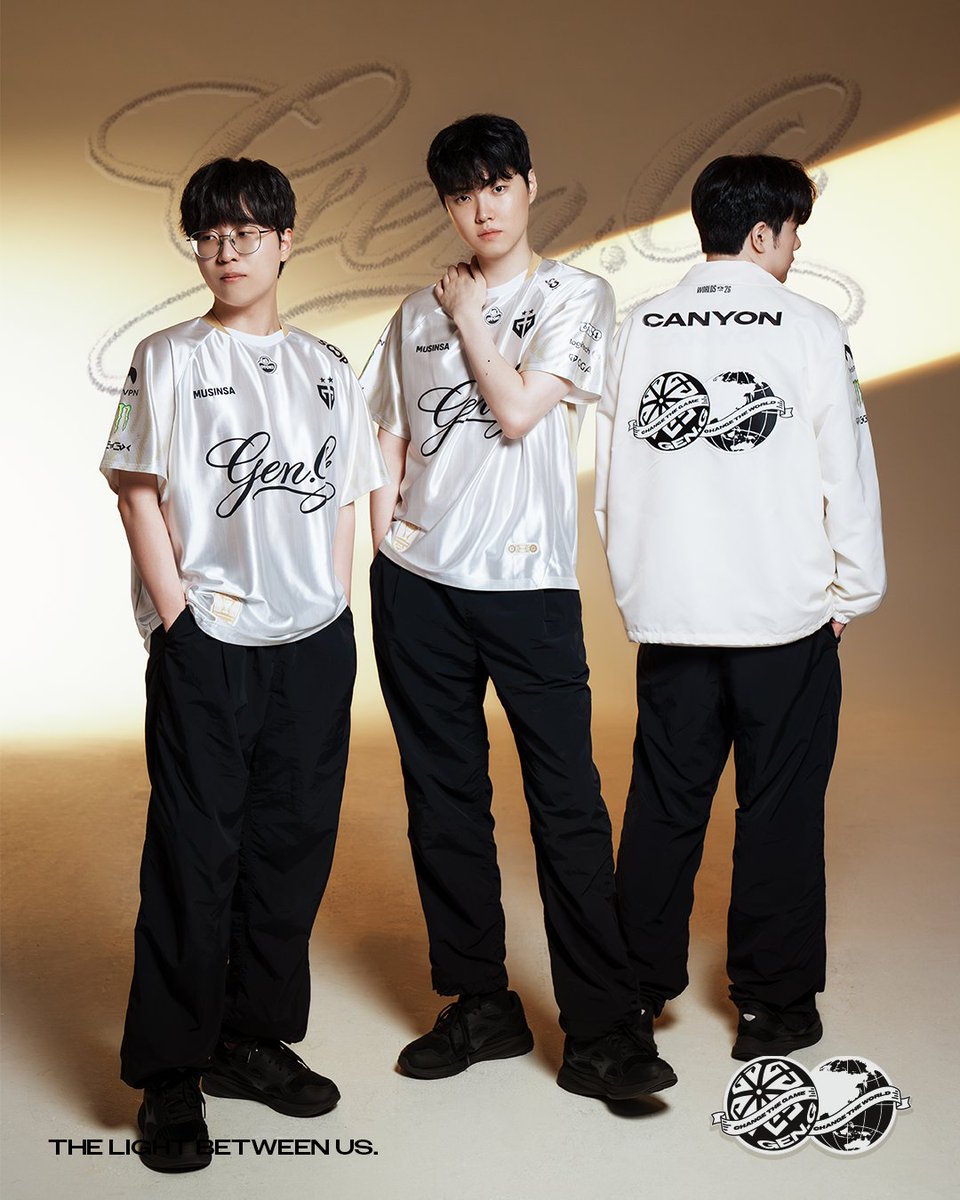 GenG's tweet photo. 𝗧𝗛𝗘 𝗟𝗜𝗚𝗛𝗧 𝗕𝗘𝗧𝗪𝗘𝗘𝗡 𝗨𝗦

Together, we return to the biggest stage.

Finished with a subtle satin sheen and Gen.G’s New Gold, the Gen.G 2026 Worlds Uniform.
Wear the light we created together as we head to Worlds.

📅 Full sales details coming September 23. https://t.co/yqfUpzKAKK