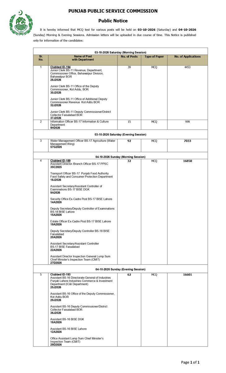 ppscpunjab's tweet photo. The PPSC has uploaded the details of clubbed cases for the Examinations to be held on 03-10-2026 and 04-10-2026 on its official website. Candidates are advised to visit the PPSC website <https://t.co/WKneG5Muu9> for details. https://t.co/f6TTgJZRbj