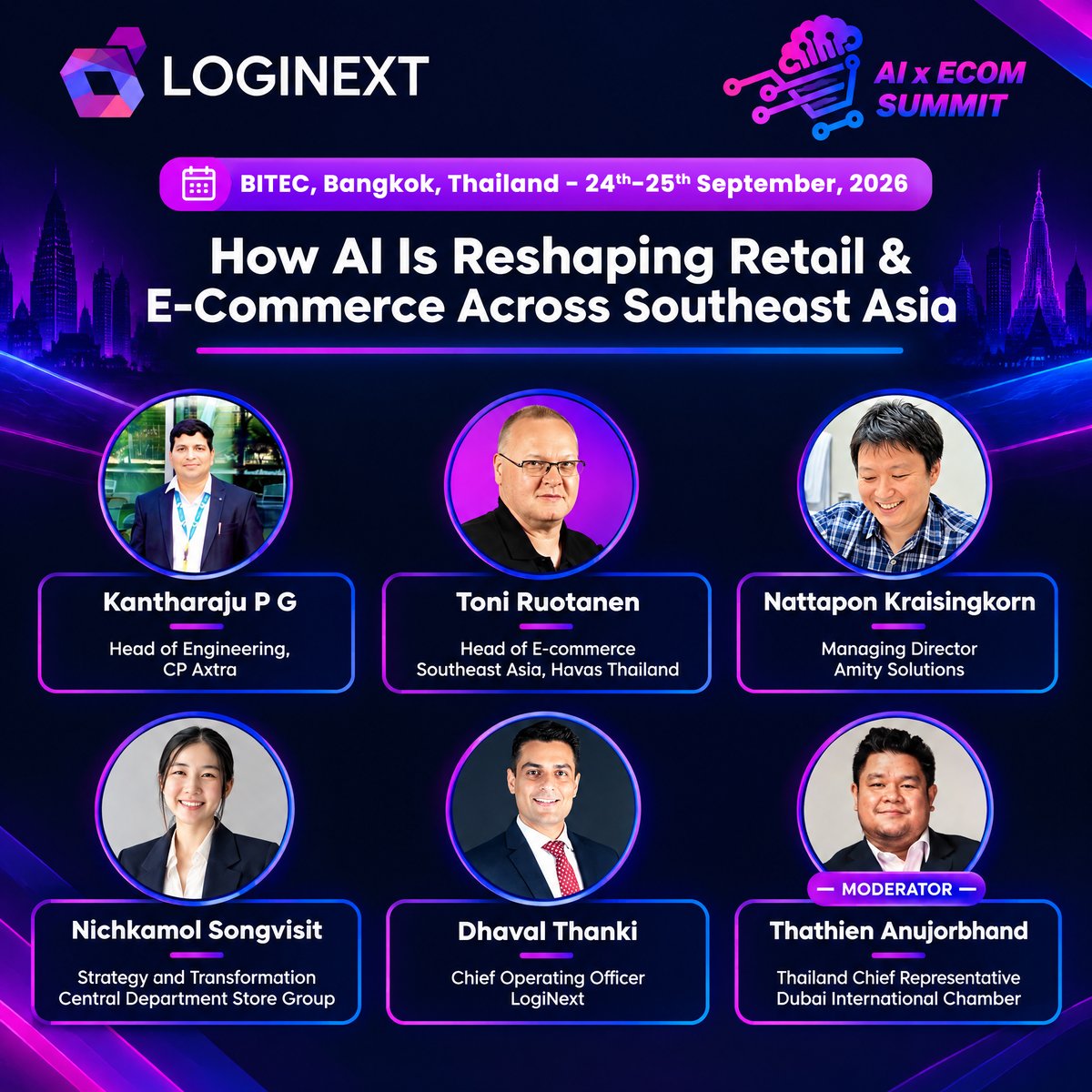LogiNext's tweet photo. We are just two days away from the @AI x Ecom Summit 2026 at [@bitec_official  - Bangkok International Trade &amp; Exhibition Centre]!

Do not miss our opening panel: How AI Is Reshaping Retail &amp; E-Commerce Across Southeast Asia. https://t.co/7UYEupSKO1