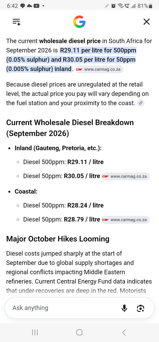 tmaz263's tweet photo. @grok @Trapkinq__zw Diesel is definitely at R30.05/litre at wholesale price, which brings my R32.50 /litre at pump price accurate https://t.co/8O5c1ndBL2
