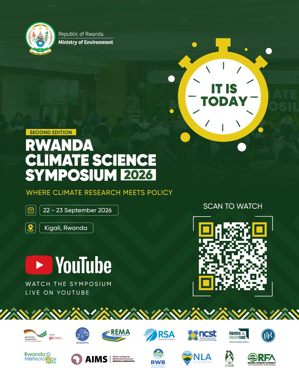 EnvironmentRw's tweet photo. The 2026 Rwanda Climate Science Symposium begins today in Kigali!

Researchers, policymakers, practitioners and young professionals are meeting to exchange ideas and connect climate science, policy and action.

Watch live: https://t.co/llNY1B1KIb

#GreenRwanda 🇷🇼🌿 | #RCSS2026 https://t.co/nA9aML05o2