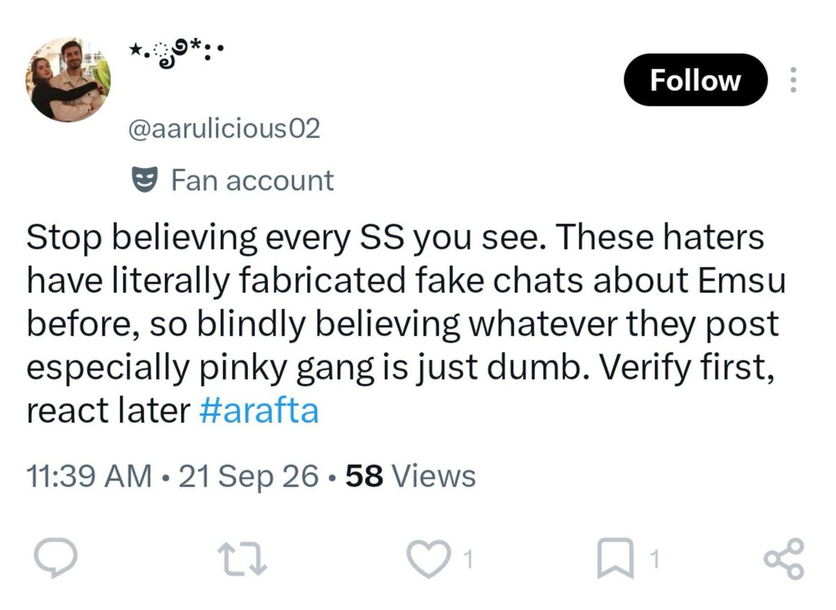 theskyisblue_2's tweet photo. Hypocrite @aarulicious02

Exposed others but defended fake bestie @sidhilvr. Proofs came out, she called @theskyyispink hater instead of calling out Sidhi

Pink never insulted anyone's parents

Still following Sidhi says enough She's supporting insult of Ilsu &amp; her mom.

#Arafta https://t.co/U5StrveQJZ