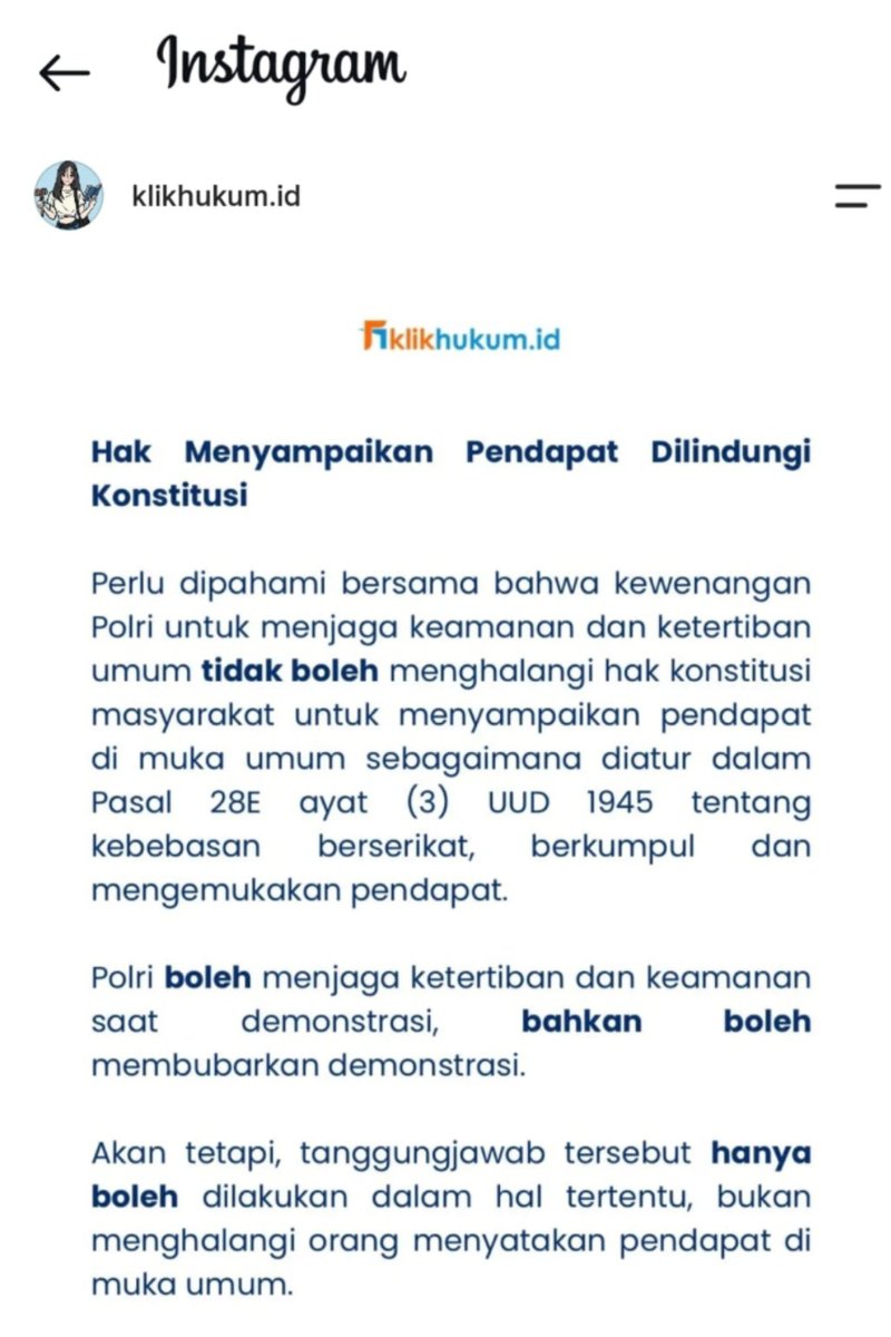 Cleo26h's tweet photo. Hak menyampaikan pendapat dilindungi konstitusi, polri boleh menjaga ketertiban dan keamanan saat demonstrasi dan boleh membubarkan demonstrasi akan tetapi tanggung jawab tersebut hanya boleh dilakukan dalam hal tertentu #BijakMenyaringInformasi Bersama Jaga Indonesia https://t.co/jQ71dIyR1j