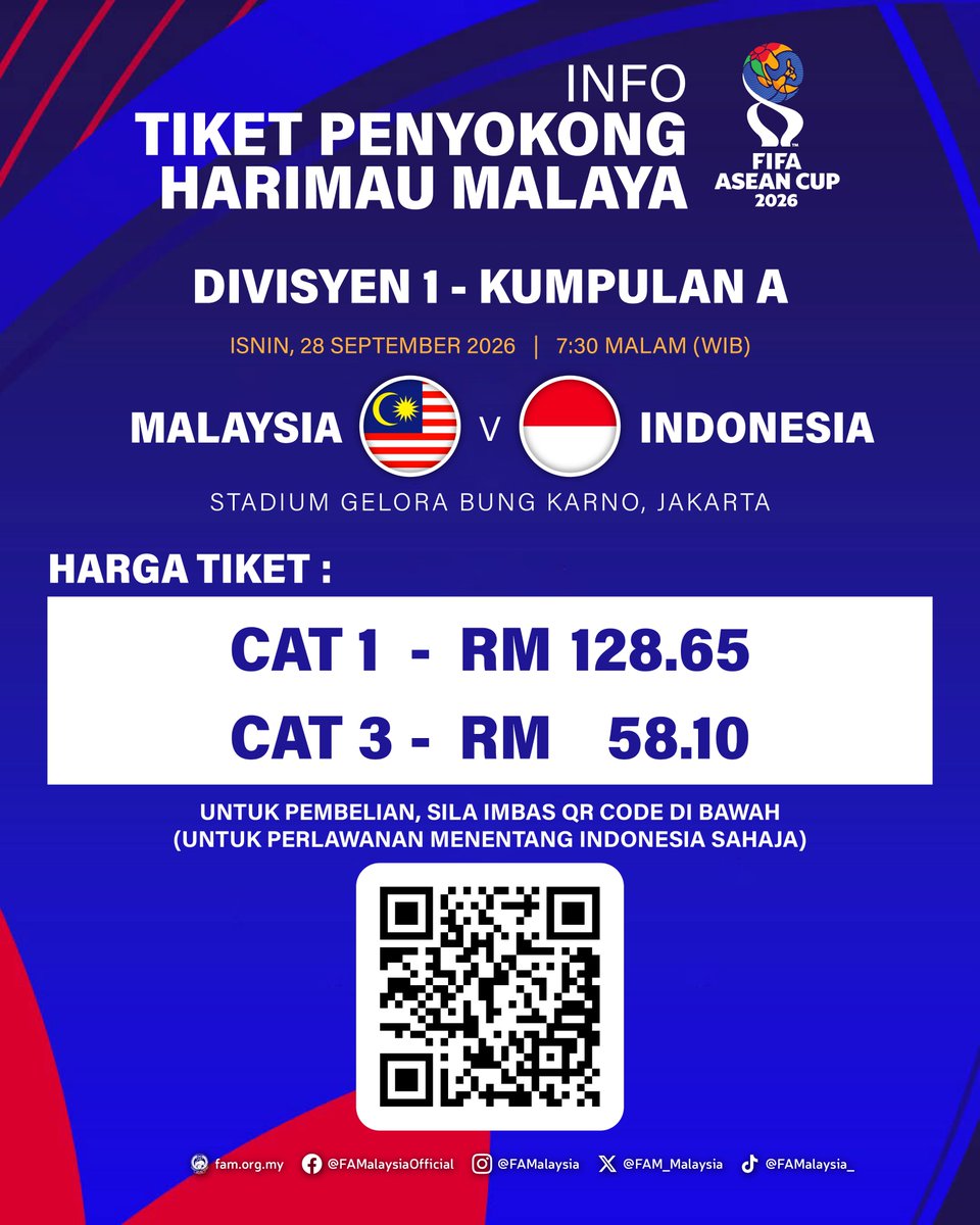 FAM_Malaysia's tweet photo. 🎟 INFO TIKET PENYOKONG HARIMAU MALAYA 

Kepada penyokong Harimau Malaya yang ingin menyaksikan perlawanan Piala ASEAN FIFA 2026 di Jakarta &amp; Bandung, Indonesia, pembelian tiket hanya boleh dibuat melalui FAM.

Sila imbas Kod QR untuk pembelian.

Ayuh sokong Harimau Malaya! 🇲🇾🐯 https://t.co/yf6kpLyRUP