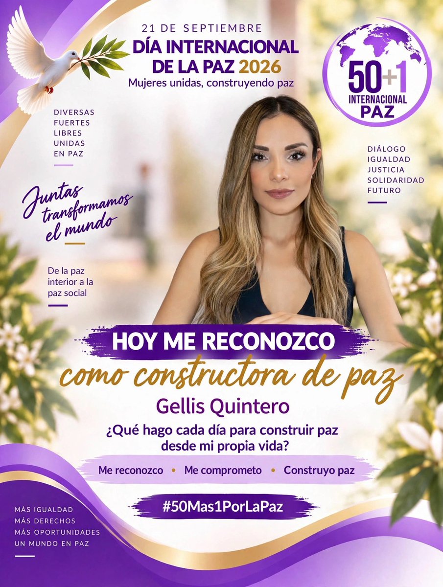 gelqurent's tweet photo. 🕊️ La igualdad construye paz
🟣 Hoy me reconozco como constructora de #paz
🟣Cada vez que elegimos el respeto, la escucha y la #igualdad, contribuimos a #transformar nuestro entorno.
🟣Súmate a esta construcción colectiva de #paz cada acción cuenta.
Pregúntate:
¿Qué puedo hacer para construir relaciones más igualitarias y respetuosas?
#50Mas1PorLaPaz #MujeresConstruyendoPaz
#50Mas1Internacional
