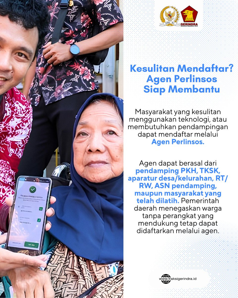 Fraksi_Gerindra's tweet photo. Perlinsos Digital hadir untuk mendorong bantuan sosial yang lebih mudah diakses, efektif, dan tepat sasaran. Masyarakat dapat mendaftar program bantuan, memantau hasil kelayakan, hingga mengajukan sanggah secara digital menggunakan NIK dan IKD. https://t.co/2eP583cddC