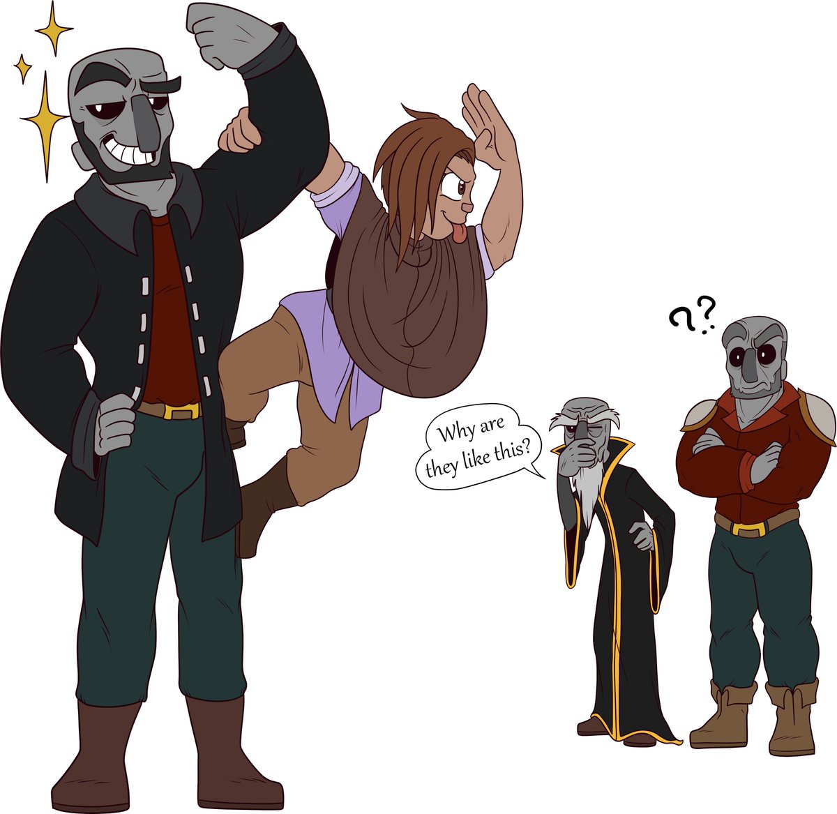 SeebeeNanigins's tweet photo. "Karvash! Karvash!" It was bright and early, the sun was just over the top of the birch trees and from a dirt path near the Plains Biome, was a small group of Illagers. A Vindicator, a Pillager and an Evoker. Each unique in personalities, attire... and height.

The one called Karvash, a Vindicator who stood at 6'7" tall, turned around and looked back at the one who had been calling his name. "What? What happened?"

"Probably saw another creeper again," Muttered the Pillager, who goes by the name Vorren. He was only two inches shorter, but a great deal larger when it came to muscle. He looked over his shoulder for a moment to see a human woman running up to them, the look of excitement plastered on her face, "...then again, maybe not?"

"Which ever it is, she needs to keep her voice down," The Evoker elder spoke. Grimhold is his name and his eyes narrowed under the thickness of his bushy brows, as a simple exasperated huff left his thinned lips, "Just looking at her makes me tired."

Karvash ignored his traveling compatriots; while he would never outright admit this, having the excitable human around brought a gentle feeling into his heart. A chuckle left him when she got close and began tugging his arm, "What's got you so hyper?"

"...flex your arm." Ace, their human traveling companion, gave him the most Cheshire expression, her smile coiled from ear to ear as she tugged his arm again, "I just had a really great idea~"

"Oh, this should be good," Grimhold, who could have cared less a moment ago, was now intrigued.

"Uh... like this?" Karvash lifted his right arm and bent his forearm towards him. It was immediately grabbed by Ace as she climbed up the side of his body, "H-Hey! What-?!"

With her knee on his hip and her right foot propped to use his leg as support, she hung onto his arm and used her free hand to look out in front of them, "Tada! Now I can help with being lookout! Just gotta use your tallness."

"...why are they like this?" Grimhold groaned, his hand slowly sliding down his face, while Vorren looked absolutely baffled at this silly display.

Karvash, just to annoy the other two, could only grin and strike a pose to help add to Ace's silliness.

@Fihshey