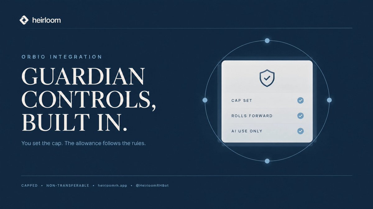 HeirloomRH's tweet photo. Guardian controls, built in.

You set the cap. Your kid never gets more AI credit than what you allowed, period.

Miss a cycle? Nothing's lost. It rolls straight into the next release automatically.

And once it's activated, it's not cash. It's AI usage only, can't be transferred, can't be cashed out. There's no safer allowance asset for a minor than this.

This closes out the full Orbio integration. Corpus, staking, baskets, concierge, succession, and now guardian controls, all live.

https://t.co/pyRximKsJZ
@HeirloomRHBot

https://t.co/uJhYb3wnbZ