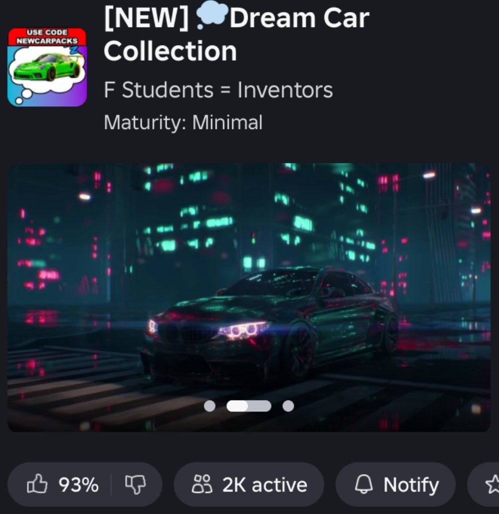 IDKStats's tweet photo. Dream Car Collection has been rising on Roblox recently

The game is about rolling crates for cars, which generate cash https://t.co/NtNZbIn295