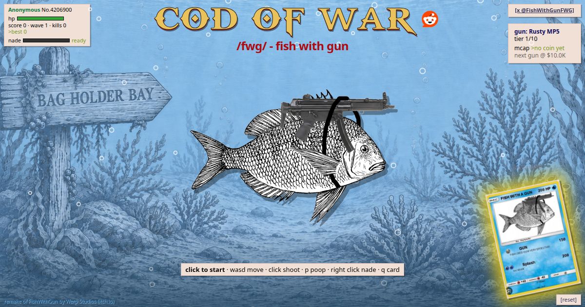 FishWithGunFWG's tweet photo. Fish with Gun 🔫🐟 Cod of War

Fish has no roadmap
Fish does not know what fud is
Fish is bullish

https://t.co/45oTnAj7iO https://t.co/02ABbA8hek