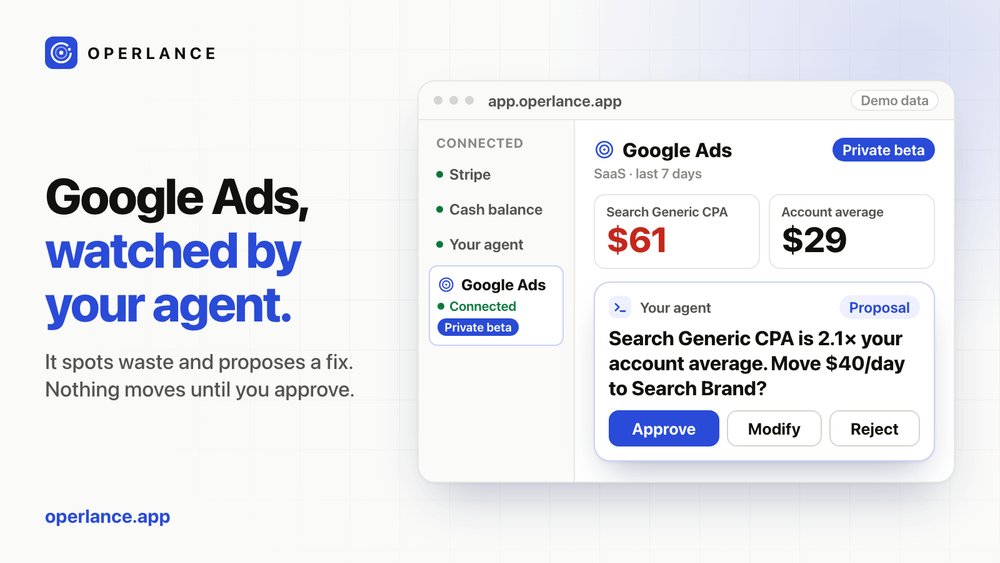 operlance's tweet photo. Google Ads in Operlance, honest status:
Works in private beta on our own account, with live campaigns visible.
Public after Google app verification.
Today the agent reads and proposes. It does not change anything on its own. https://t.co/rDJFsuQe56