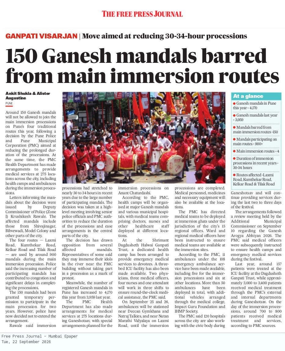 gauraavkadam's tweet photo. 150 Ganesh mandals barred from main immersion routes in Pune https://t.co/GLFH5Ou0wh