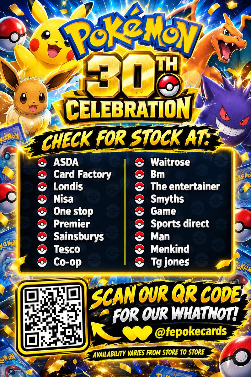 FEpokeCards's tweet photo. Pokemon 30th Celebration Stock availability list

#30thcelebration https://t.co/hGCdgP0RYS