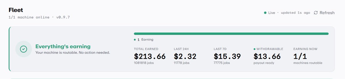 ComfyGains's tweet photo. Cleared $200 total earnings on @darkbloomai 
Not enough yet to get a new mac studio m5 ultra.🥹 https://t.co/XtQfrHfvD4