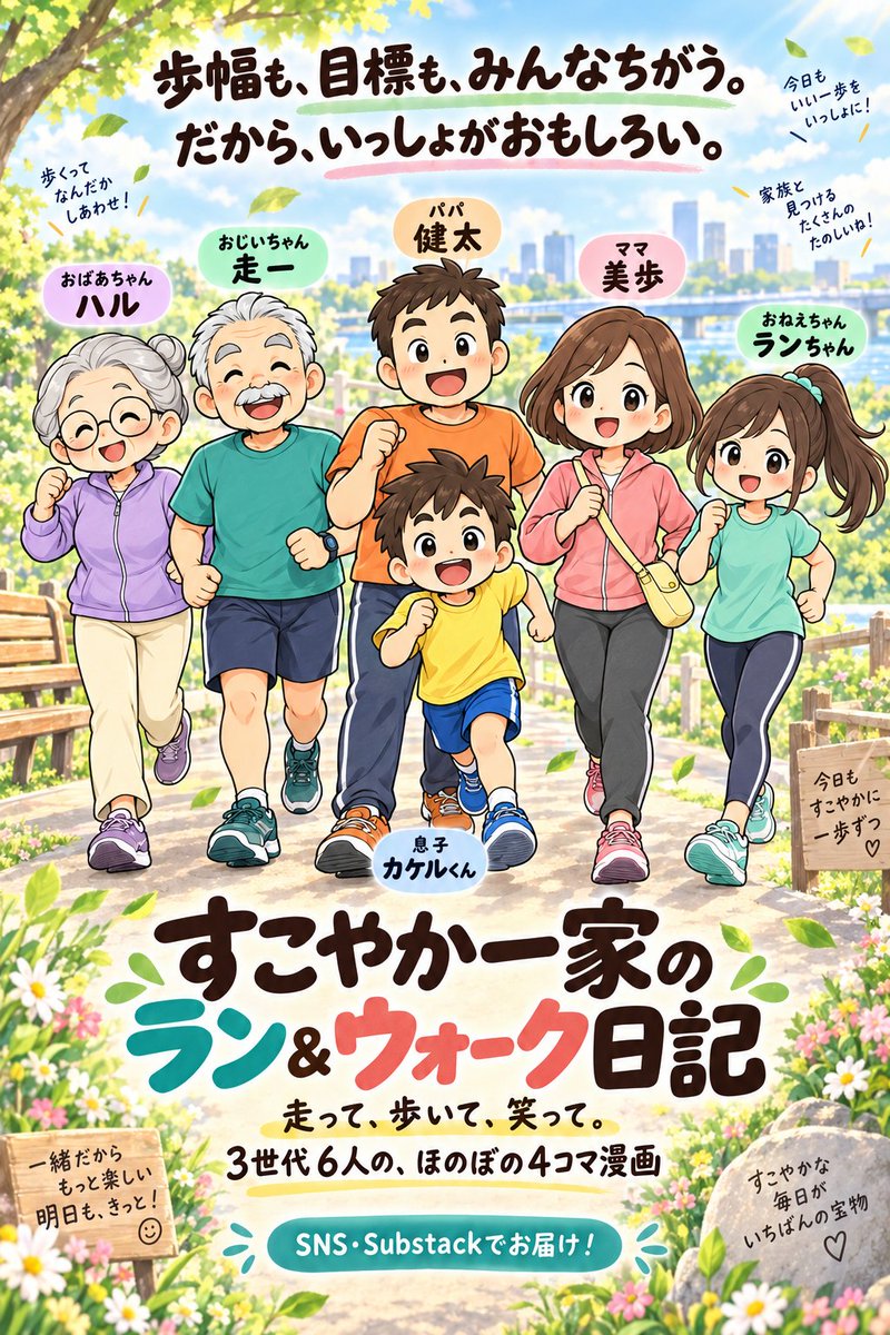 Hiro_Andon's tweet photo. 「すこやか一家のラン＆ウォーク日記」
第3話「最初は一番！」
朝晩かなり過ごしやすくなってきました。
身体を動かす絶好の季節を前に良い提案があります。
サブスタックで絶賛公開中ですので良かったらぜひ！
https://t.co/abPVGIVg54 https://t.co/Zws1b4f4SX