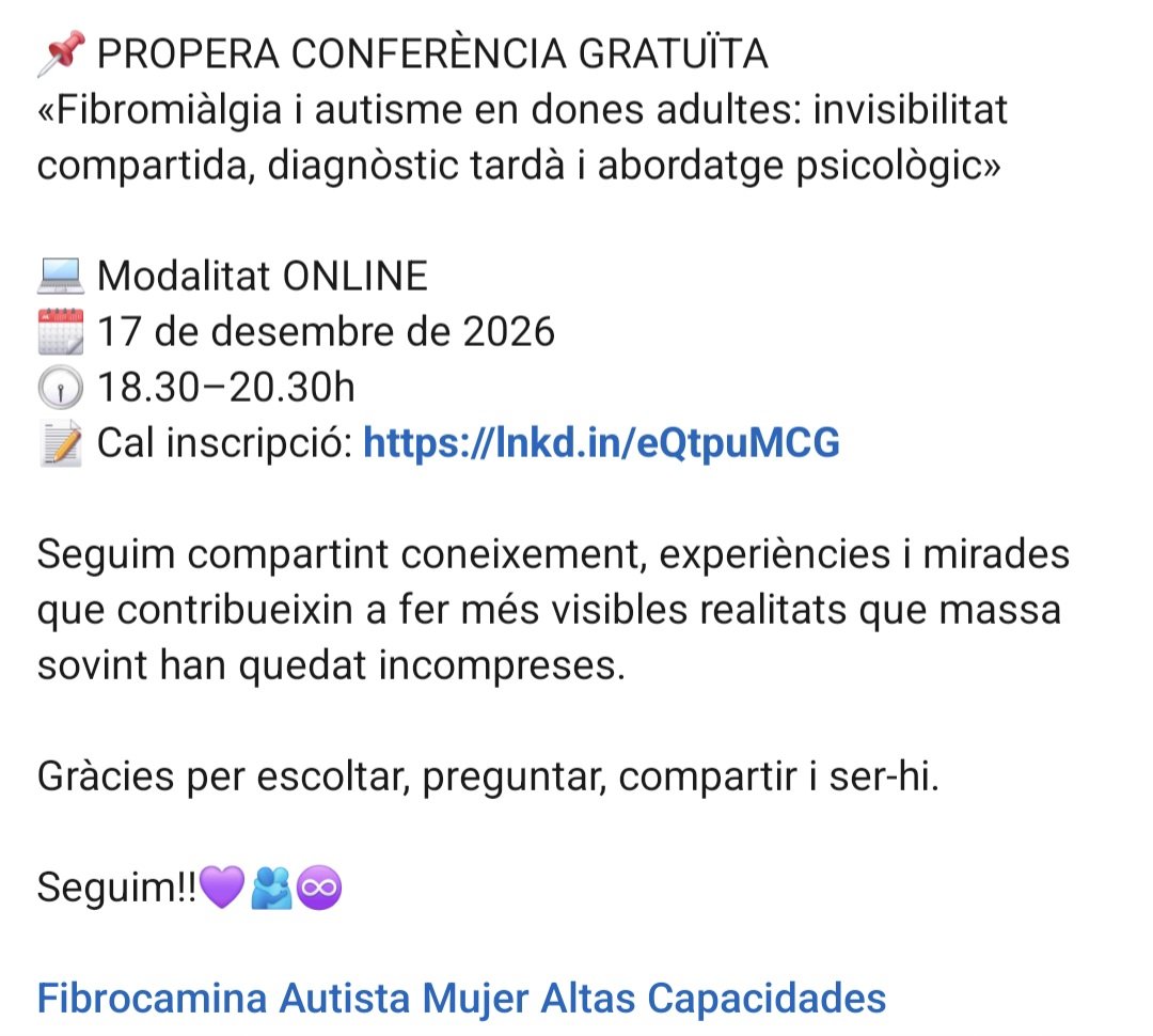 mayteserrat's tweet photo. 💜 GRÀCIES PER SER-HI

📌 PROPERA CONFERÈNCIA GRATUÏTA

«Fibromiàlgia i autisme en dones adultes: invisibilitat compartida, diagnòstic tardà i abordatge psicològic»

https://t.co/3dJc1CJkaO

Seguim!! 💜🫂♾️ https://t.co/C0SydjCqzE