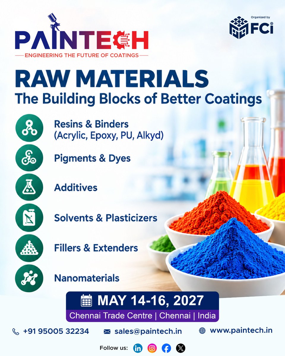 Paintechfaircon's tweet photo. RAW MATERIALS: The Building Blocks of Better Coatings! 🧪🎨

📍 PAINTECH 2027
📅 14–16 May 2027
📌 Chennai Trade Centre, Chennai, India

📞 +91 95005 32234
📧 sales@paintech.in
🌐 https://t.co/MONnrF4E4E https://t.co/s12LCZNJ1U