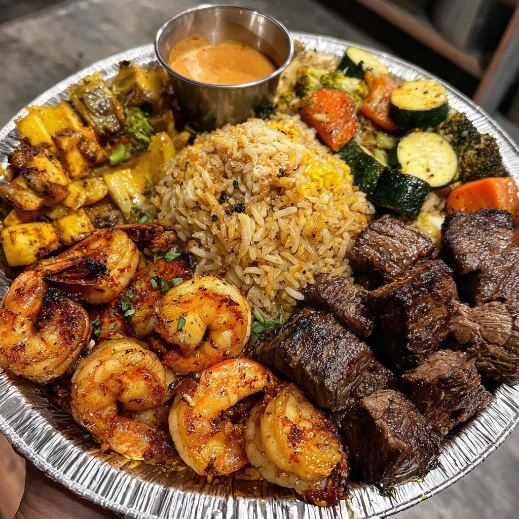 WhatsCookings's tweet photo. Hibachi Surf Turf Plate

Ingredients:
- 2-3 cubed filet mignon
- 2 tablespoons soy sauce
- 1.5 tablespoons minced garlic
- 1.5 tablespoons unsalted butter
- 1 tablespoon ginger paste
- Seasoning to taste
- 1 pound deveined, de-tailed shrimp
- 2 tablespoons soy sauce
- 1.5 tablespoons minced garlic
- 1.5 tablespoons unsalted butter
- 1 tablespoon ginger paste
- Seasoning to taste
- 3 cups day-old cooked white rice
- 2-3 fresh eggs
- 3 tablespoons soy sauce
- 2 tablespoons chopped white scallion parts
- 2 tablespoons minced garlic
- 1 teaspoon sesame oil
- Neutral oil (canola or avocado) as needed for cooking
- Sriracha or Japanese hot sauce to taste
- Yum yum sauce to taste
- Chopped green scallions as needed
- Toasted sesame seeds as needed

Instructions:
1. Preheat Skillet: Preheat your skillet over medium-high heat until it reaches approximately 350°F to ensure ideal searing temperature.
2. Prepare Protein: Cube the filet mignon and pat dry along with shrimp that has been deveined and de-tailed. Heat 1 tablespoon of neutral oil in the skillet and cook the cubed steak for 1-2 minutes per side until a crust forms. Add soy sauce, seasoning, butter, garlic, and ginger paste, then continue cooking until steak reaches 120°F internally. Remove and keep warm.
3. Cook Shrimp: In the same skillet, cook shrimp for 1-2 minutes per side until they curl into a C shape. Add soy sauce, seasoning, butter, garlic, and ginger paste, then keep warm alongside the steak.
4. Scramble Eggs: Add more neutral oil if necessary, scramble 2-3 eggs until fluffy, then set aside.
5. Sauté Aromatics: Add additional oil to skillet, then sauté minced garlic and chopped white scallions for 3-4 minutes until fragrant.
6. Fry Rice: Add day-old cooked rice and stir-fry for 2-3 minutes to heat through. Drizzle soy sauce and sesame oil over the rice, then fold in the scrambled eggs.
7. Combine and Finish: Return cooked steak and shrimp to the skillet with the rice mixture. Toss gently to heat evenly. Serve garnished with chopped green scallions, toasted sesame seeds, Sriracha, and yum yum sauce as desired.